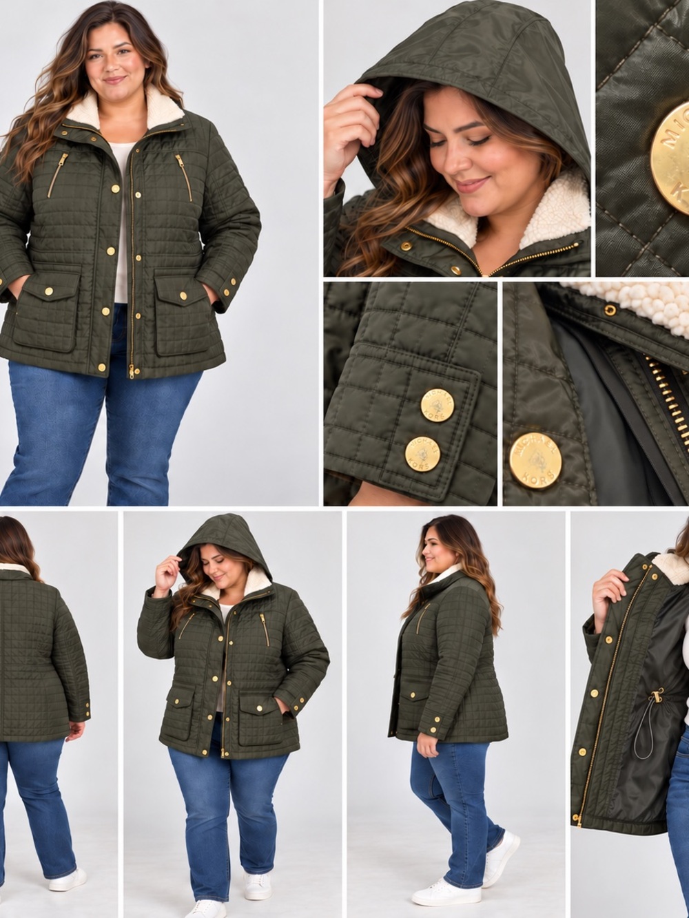 Michael Kors Olive Green Quilted Parka with Sherpa Lined Collar + Stowaway Hood